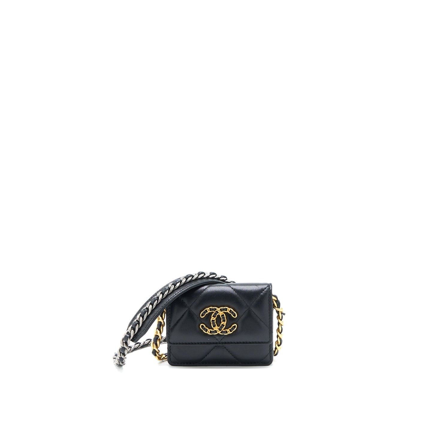 Chanel 19 Flap Card Holder with Chain Lambskin Black Multicolour Hardware