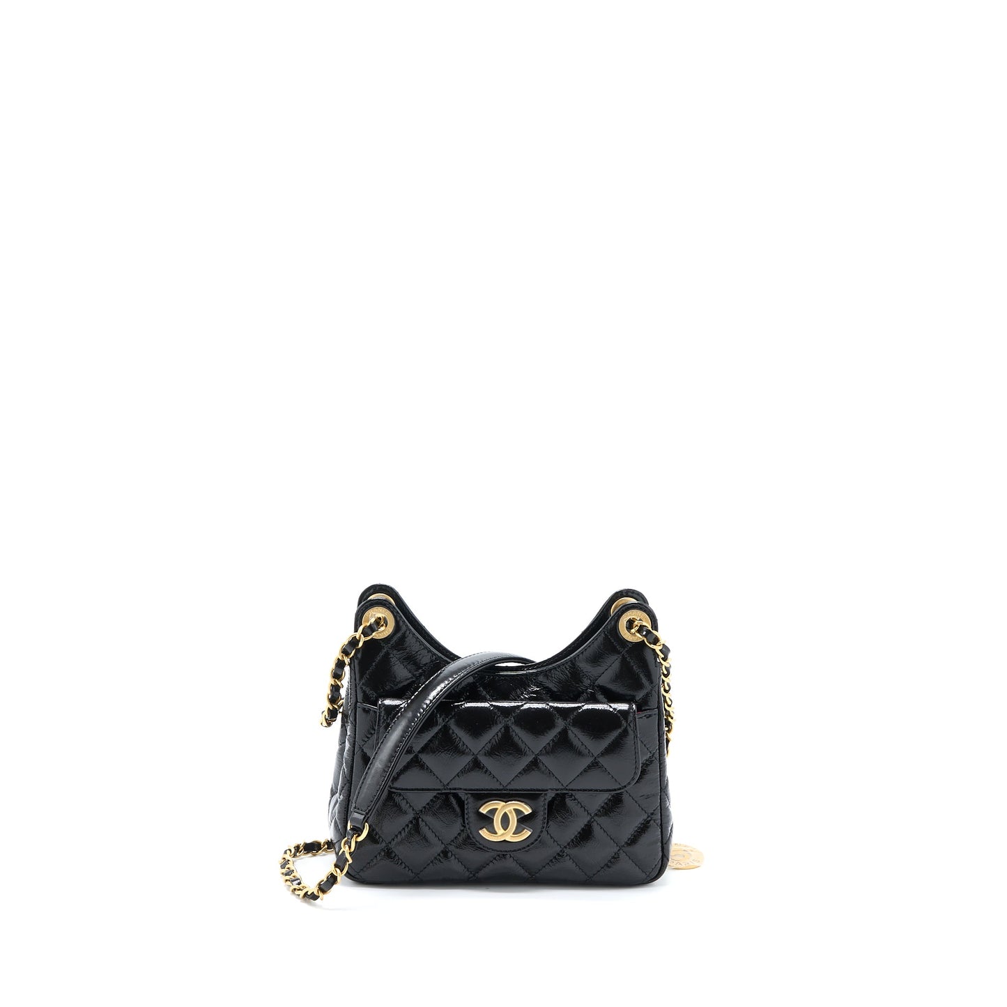 Chanel 23C Small Hobo Bag Shiny Calfskin Black Brushed  (Microchip)