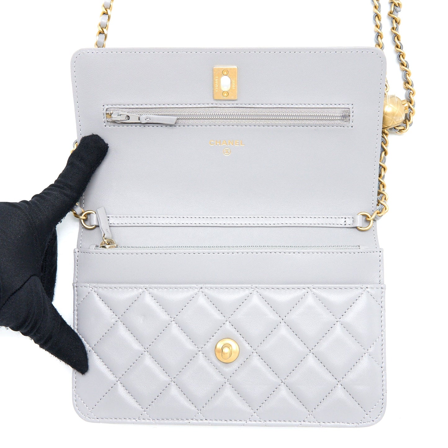 Chanel Pearl Crush Wallet on Chain Lambskin Light Grey  (Microchip)