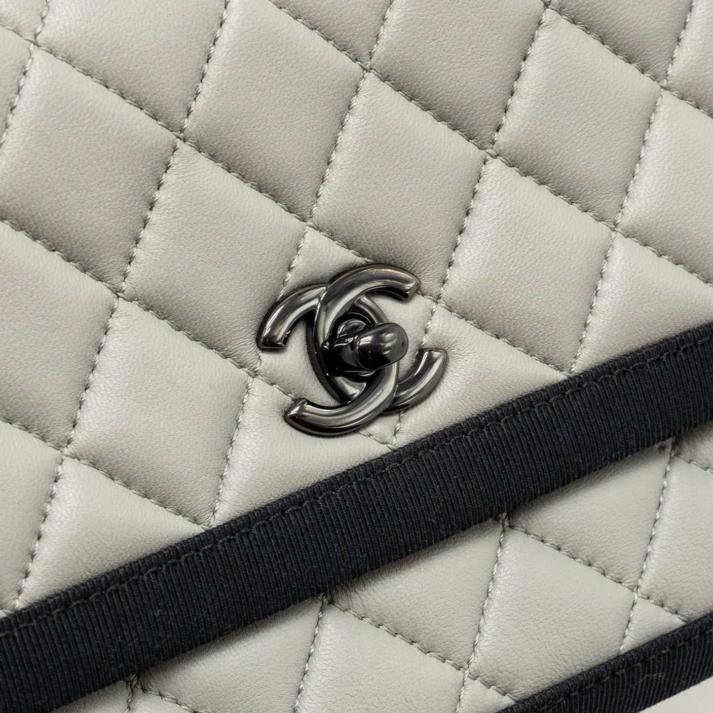 Chanel quilted flap with fabric edge lambskin grey/ black with black hardware