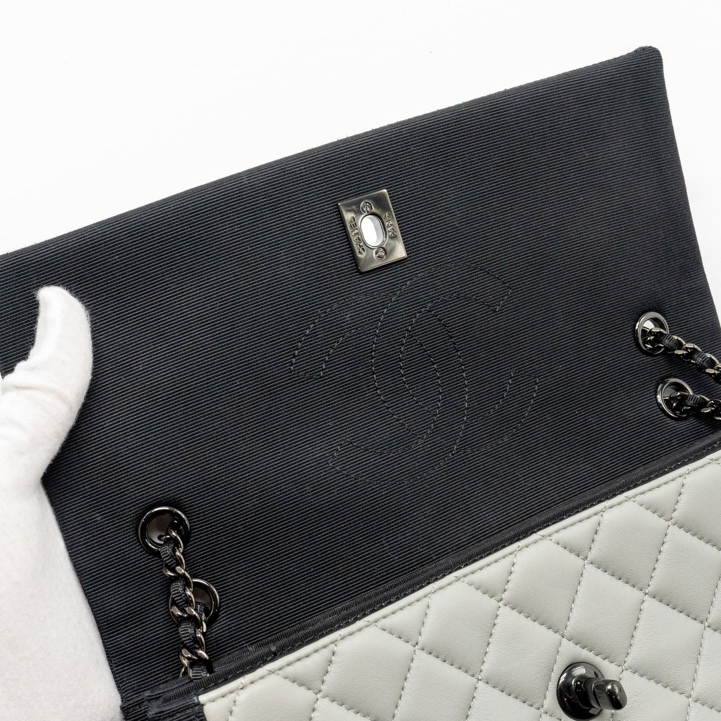 Chanel quilted flap with fabric edge lambskin grey/ black with black hardware