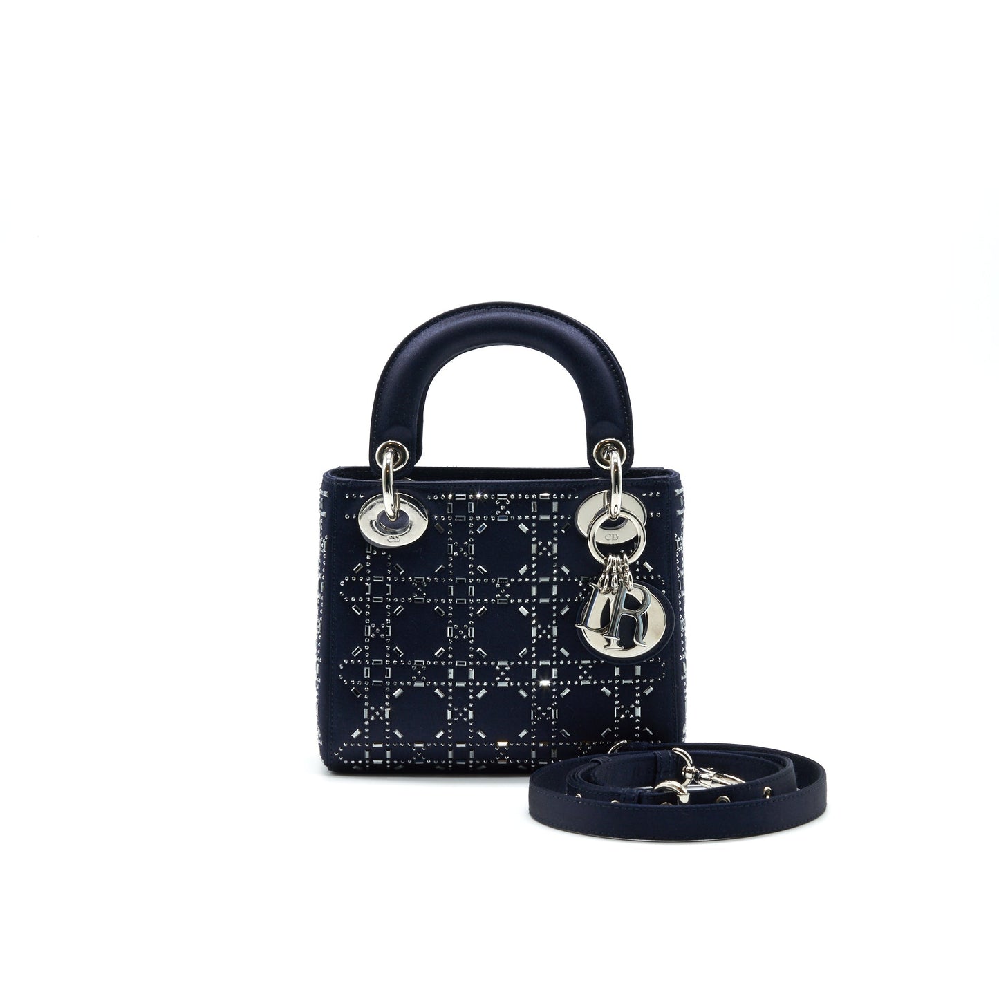 CHRISTIAN Satin Crystal Cannage Mini Lady Dior in Navy