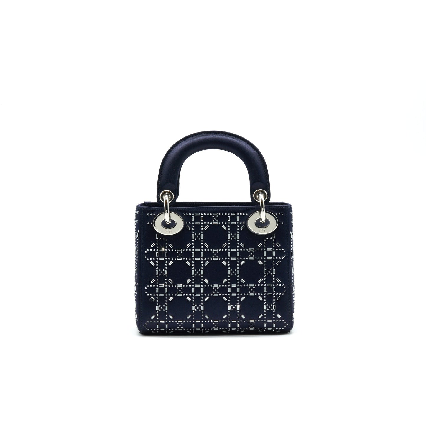CHRISTIAN Satin Crystal Cannage Mini Lady Dior in Navy