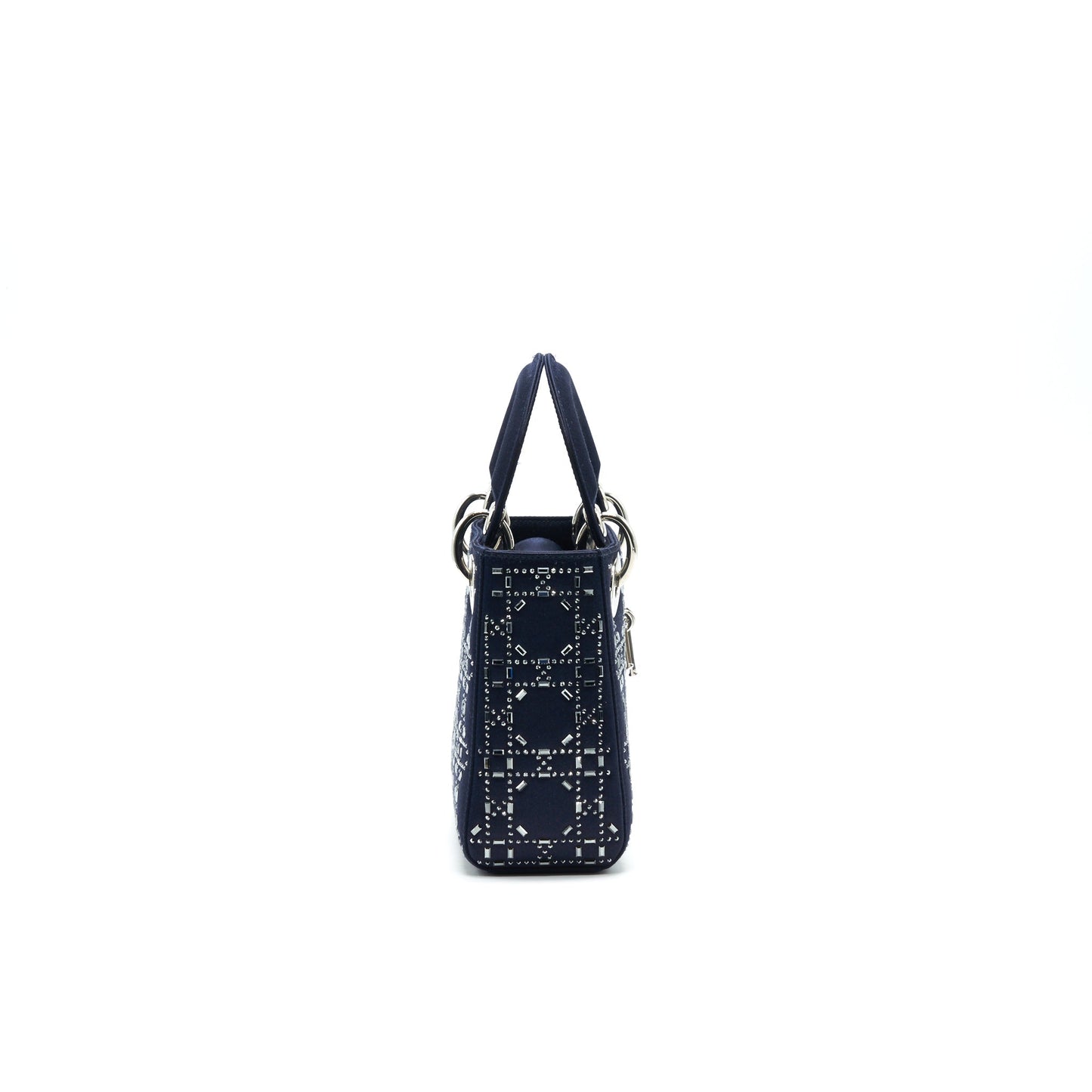 CHRISTIAN Satin Crystal Cannage Mini Lady Dior in Navy