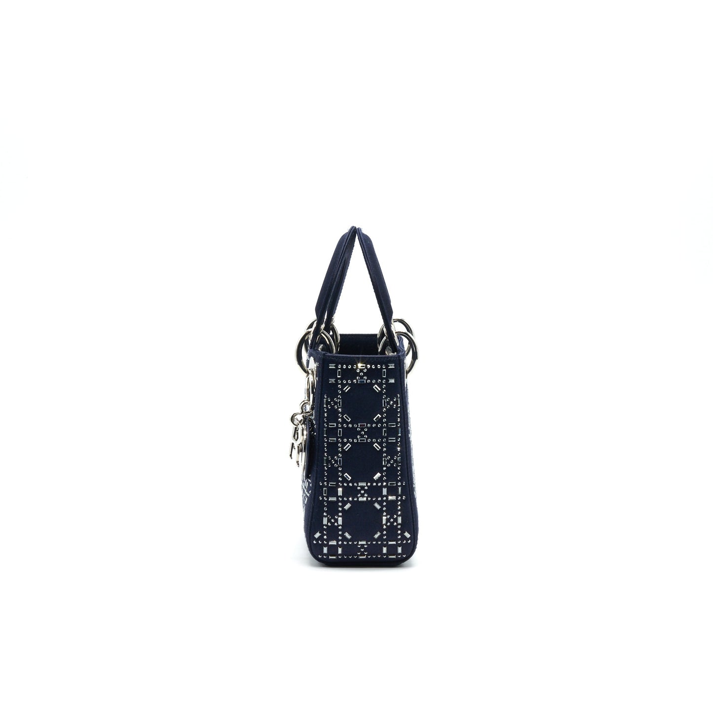 CHRISTIAN Satin Crystal Cannage Mini Lady Dior in Navy