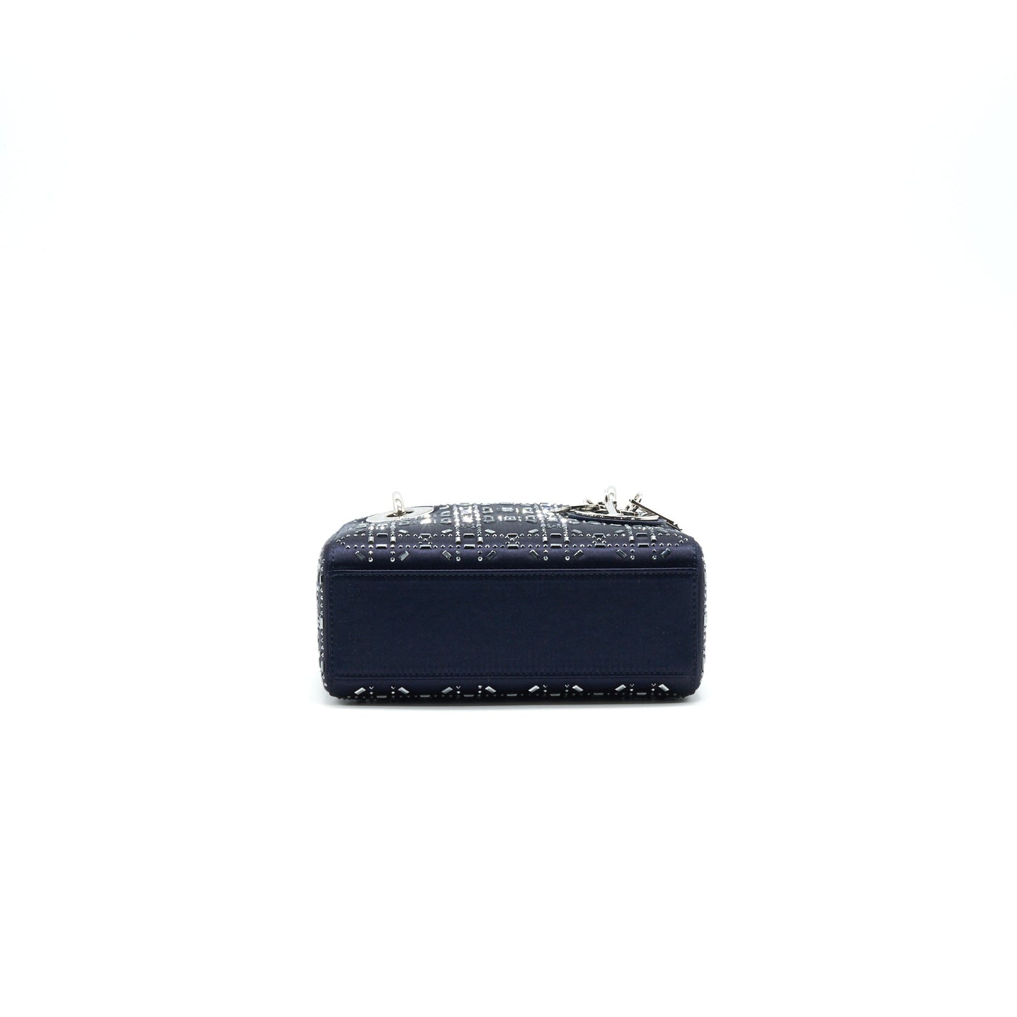 CHRISTIAN Satin Crystal Cannage Mini Lady Dior in Navy