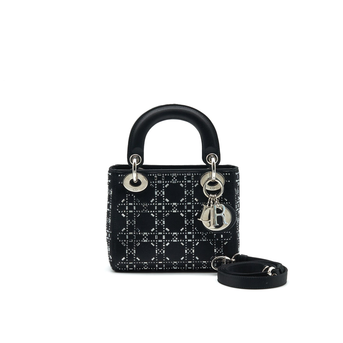 CHRISTIAN Satin Crystal Cannage Mini Lady Dior Black
