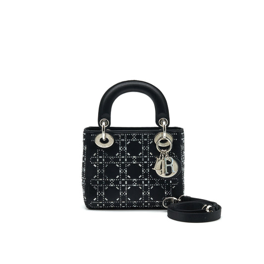 CHRISTIAN Satin Crystal Cannage Mini Lady Dior Black
