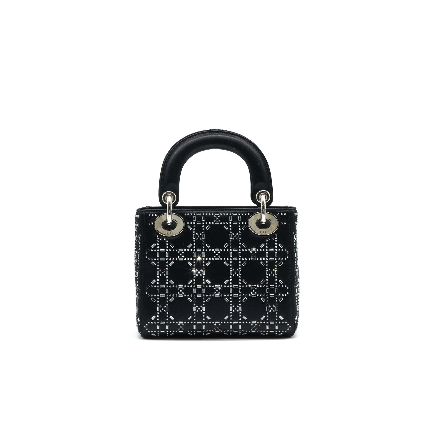 CHRISTIAN Satin Crystal Cannage Mini Lady Dior Black