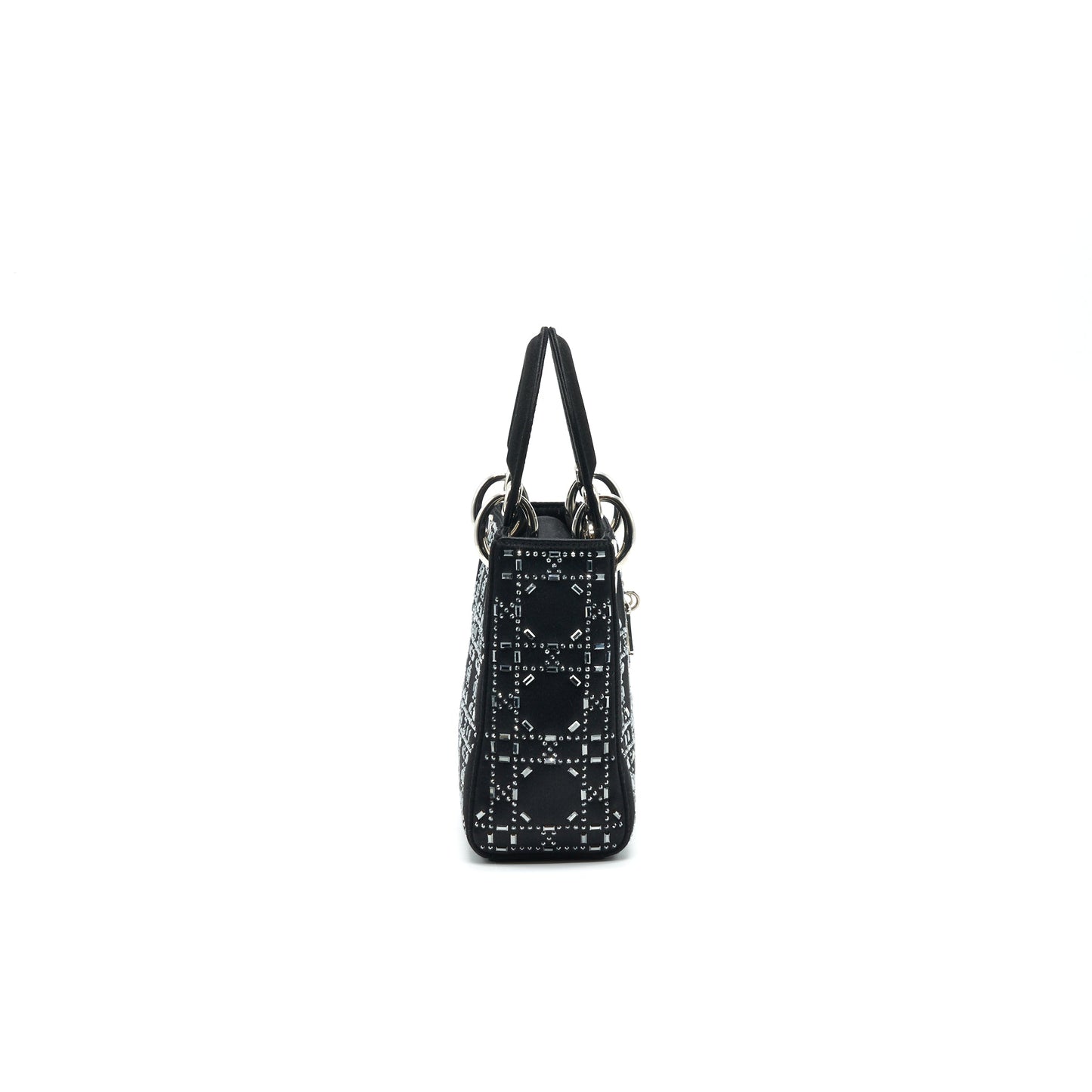 CHRISTIAN Satin Crystal Cannage Mini Lady Dior Black