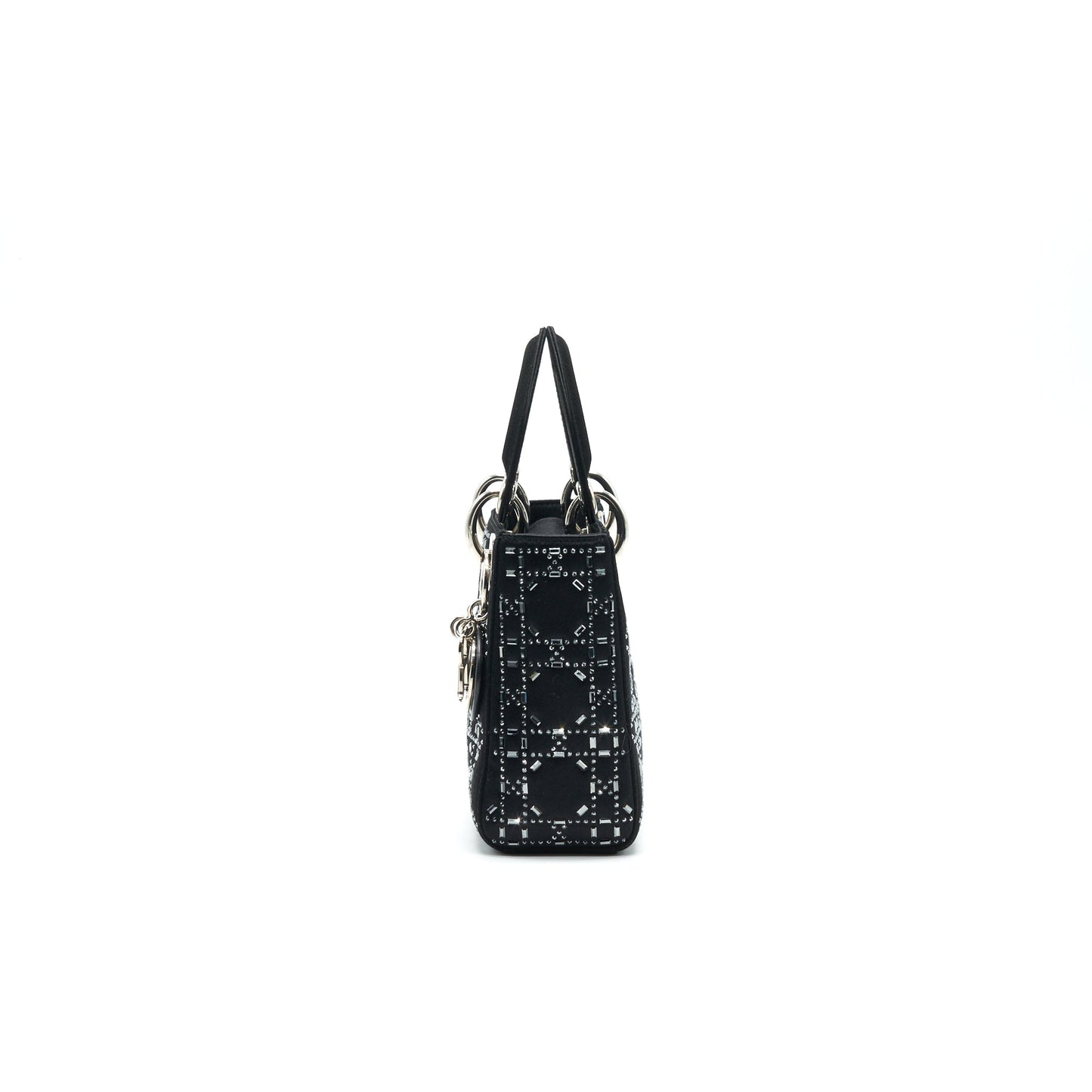 CHRISTIAN Satin Crystal Cannage Mini Lady Dior Black