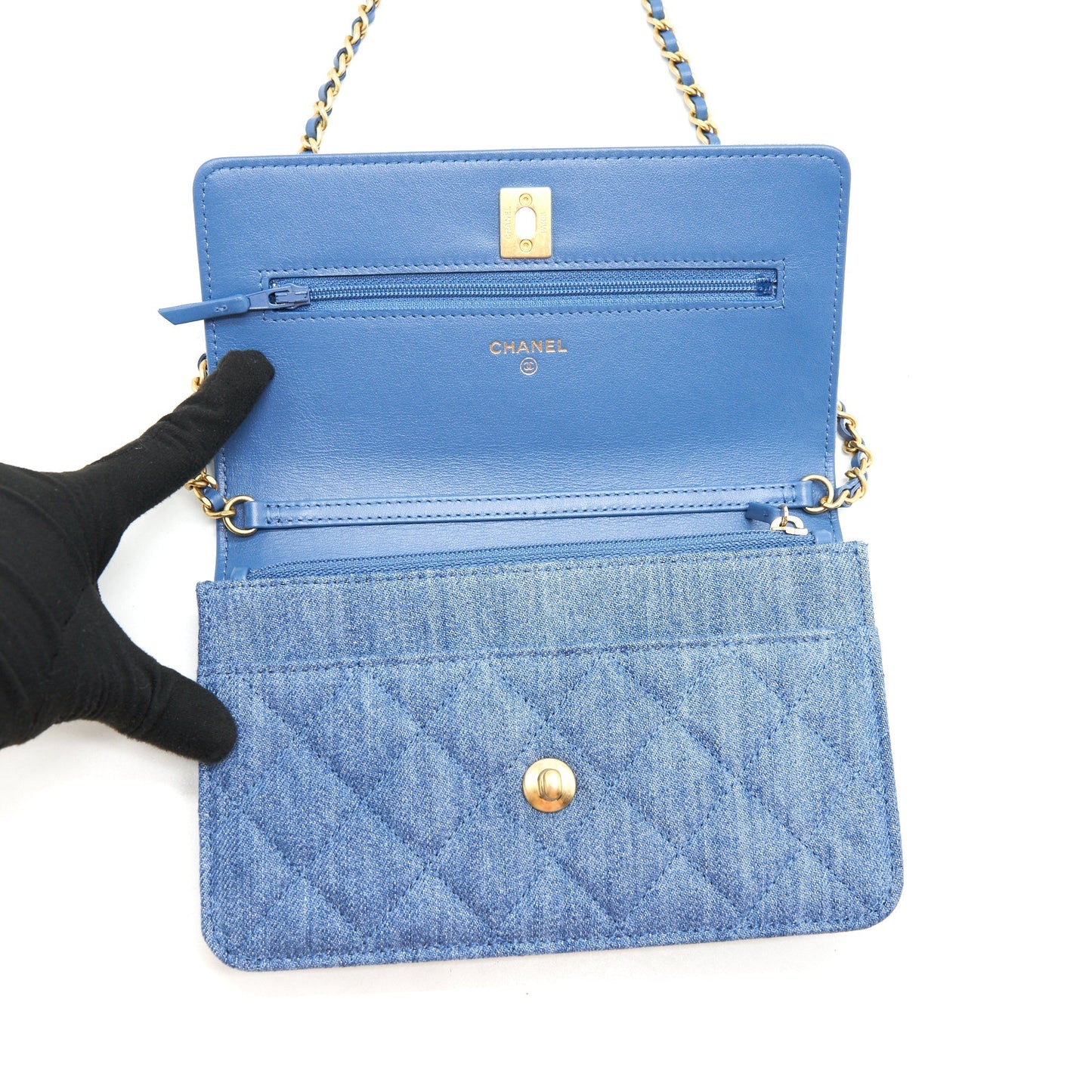 Chanel 22C Pearl Crush Wallet On Chain Denim