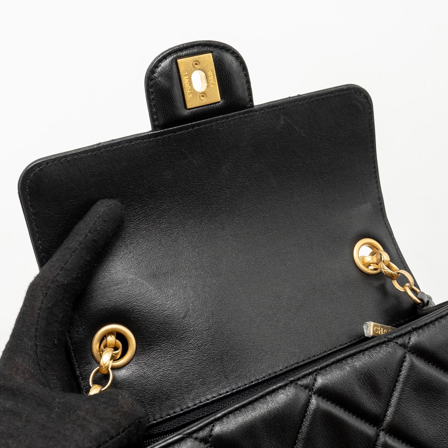 Chanel Quilted Mini Flap Bag with Detailed Chain Lambskin Black  (Microchip)
