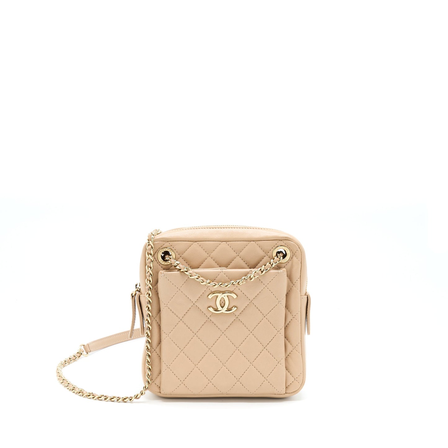 Chanel Small Vertical Camera Bag With Chain Lambskin Beige L