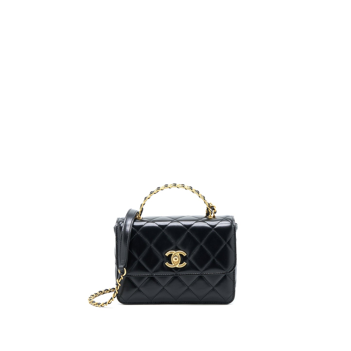 Chanel 23p Flap Bag with Top Handle Shiny Calfskin Black  (Microchip)