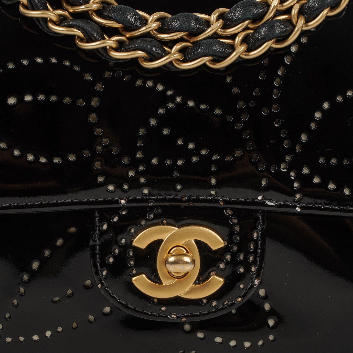Chanel Camellia Perforated Black Patent Leather Flap Bag