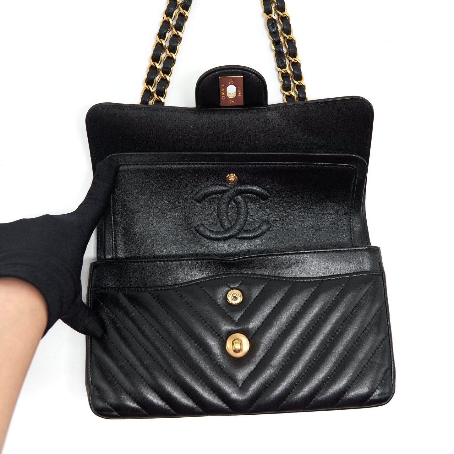 Chanel Small Classic Double Flap Bag Chevron Lambskin Black