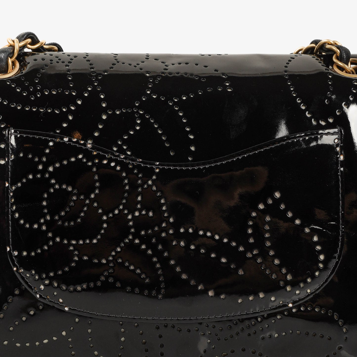 Chanel Camellia Perforated Black Patent Leather Flap Bag
