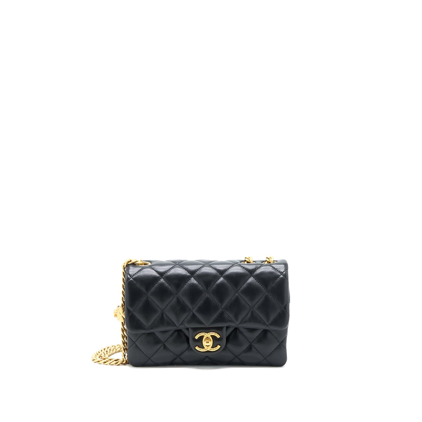 Chanel 22K Gold Pillar Adjustable Chain Flap Bag Lambskin Black Brushed  (Microchip)