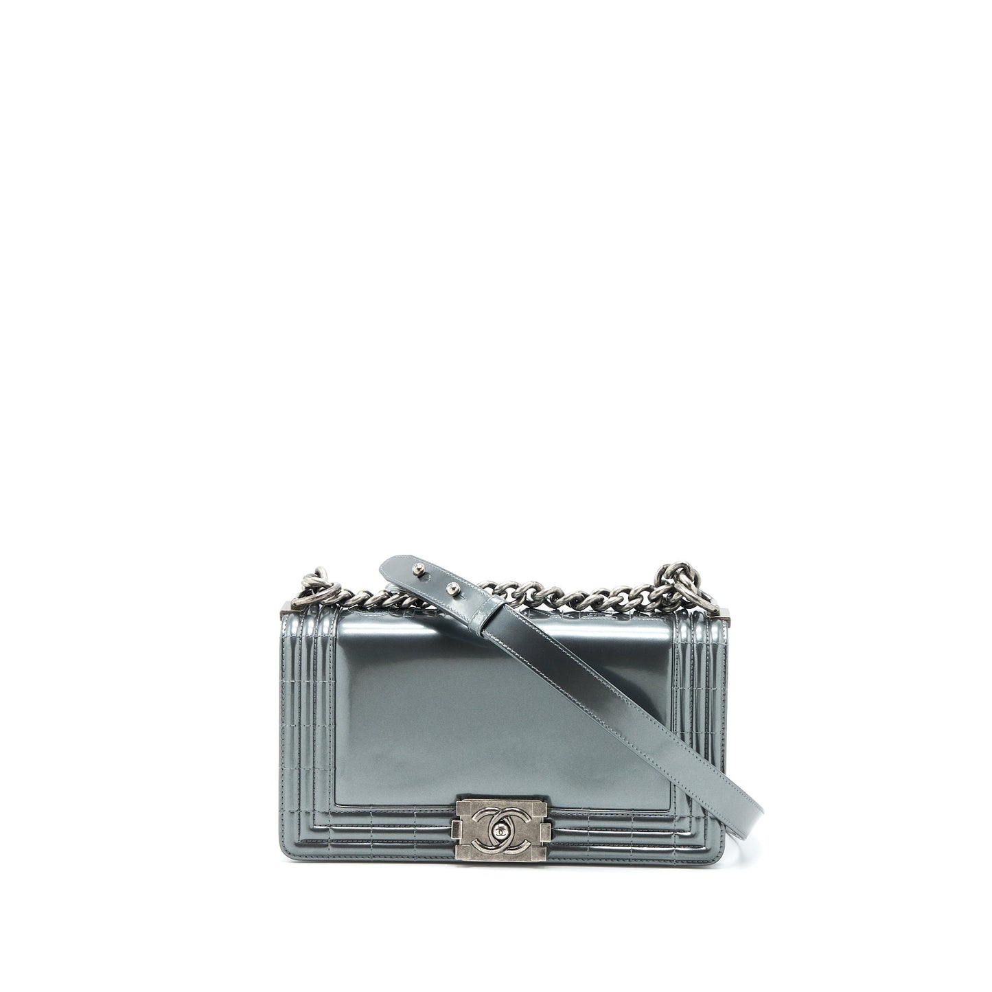 Chanel Medium Boy Bag Patent Grey Ruthenium