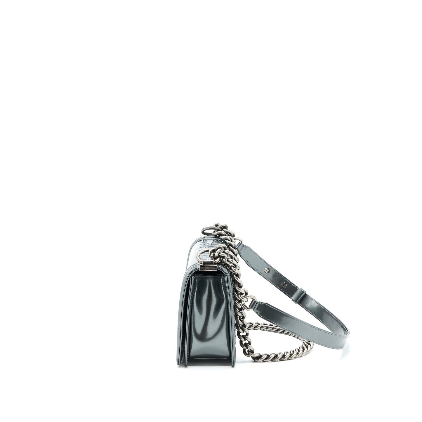 Chanel Medium Boy Bag Patent Grey Ruthenium