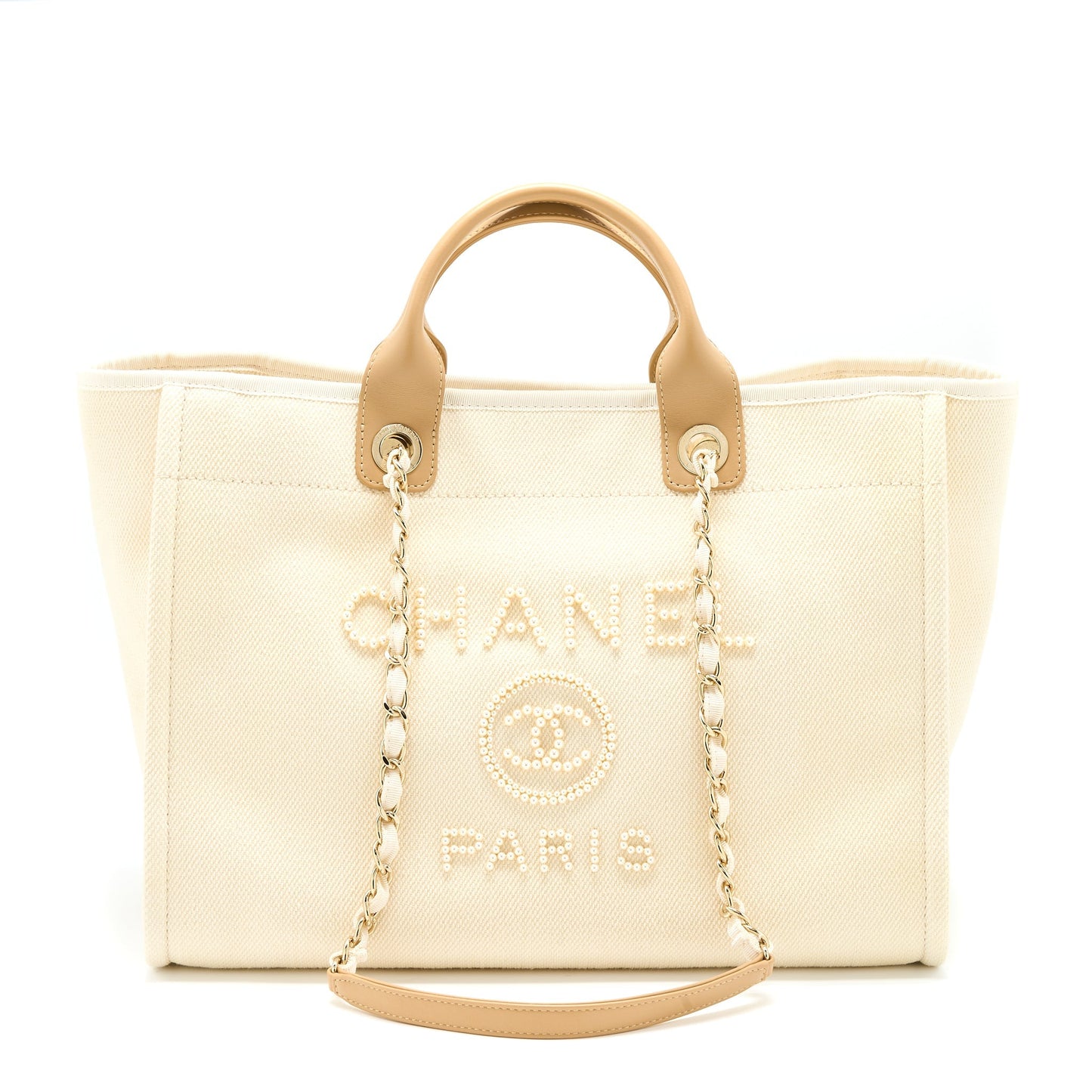 Chanel Deauville Tote Bag Fabric/Leather Creamy White/Beige