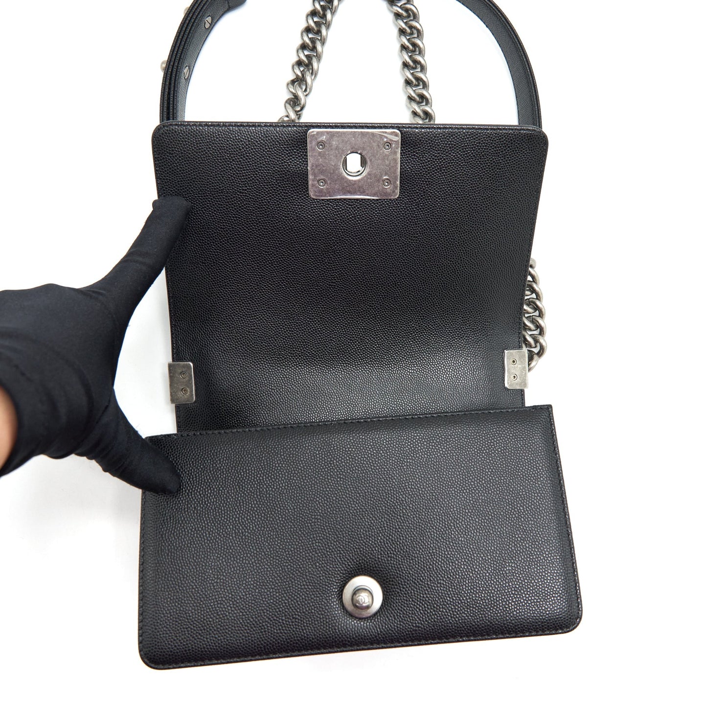 Chanel Small Boy Bag Caviar Black Ruthenium Sliver Hardware (Microchip?