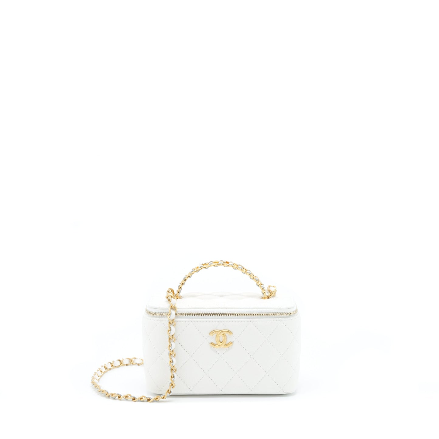 Chanel 22S Logo Top Handle Long Vanity With Chain Caviar White
