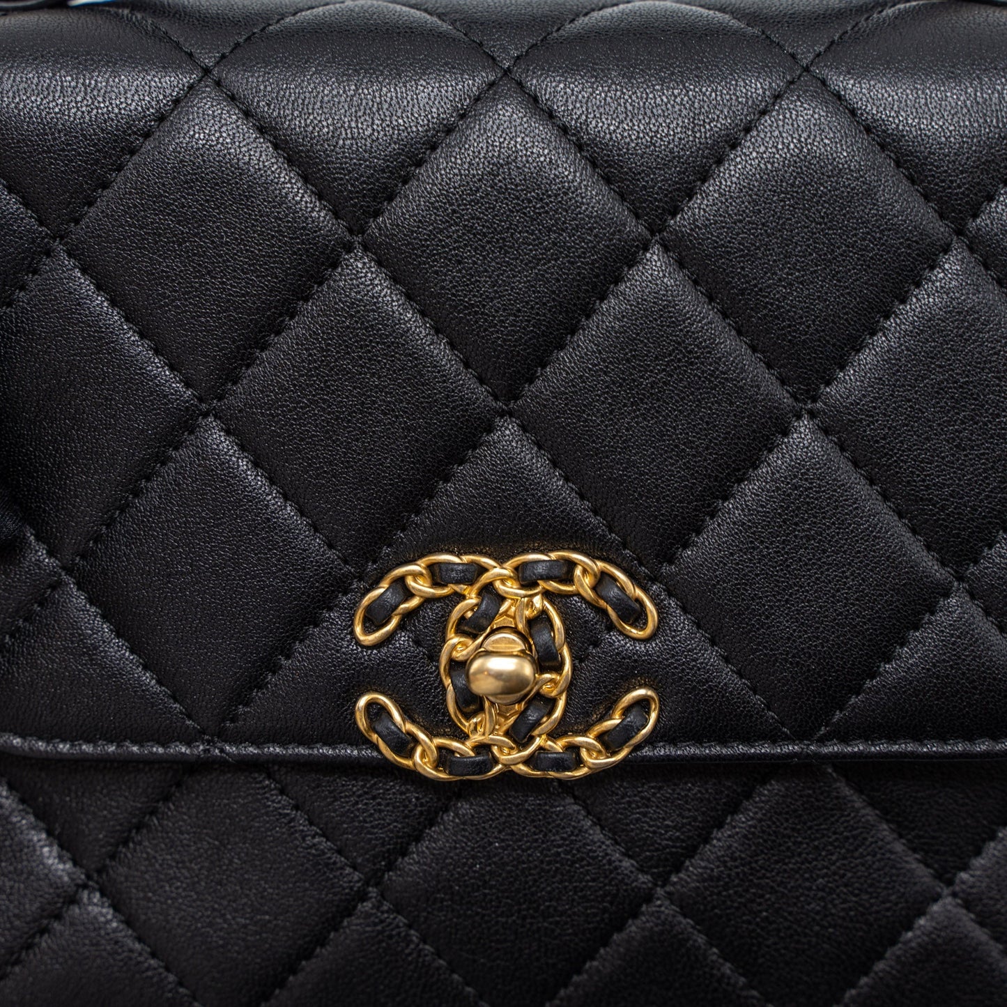 Chanel Top Handle Flap Bag Detailed Logo Goatskin Black