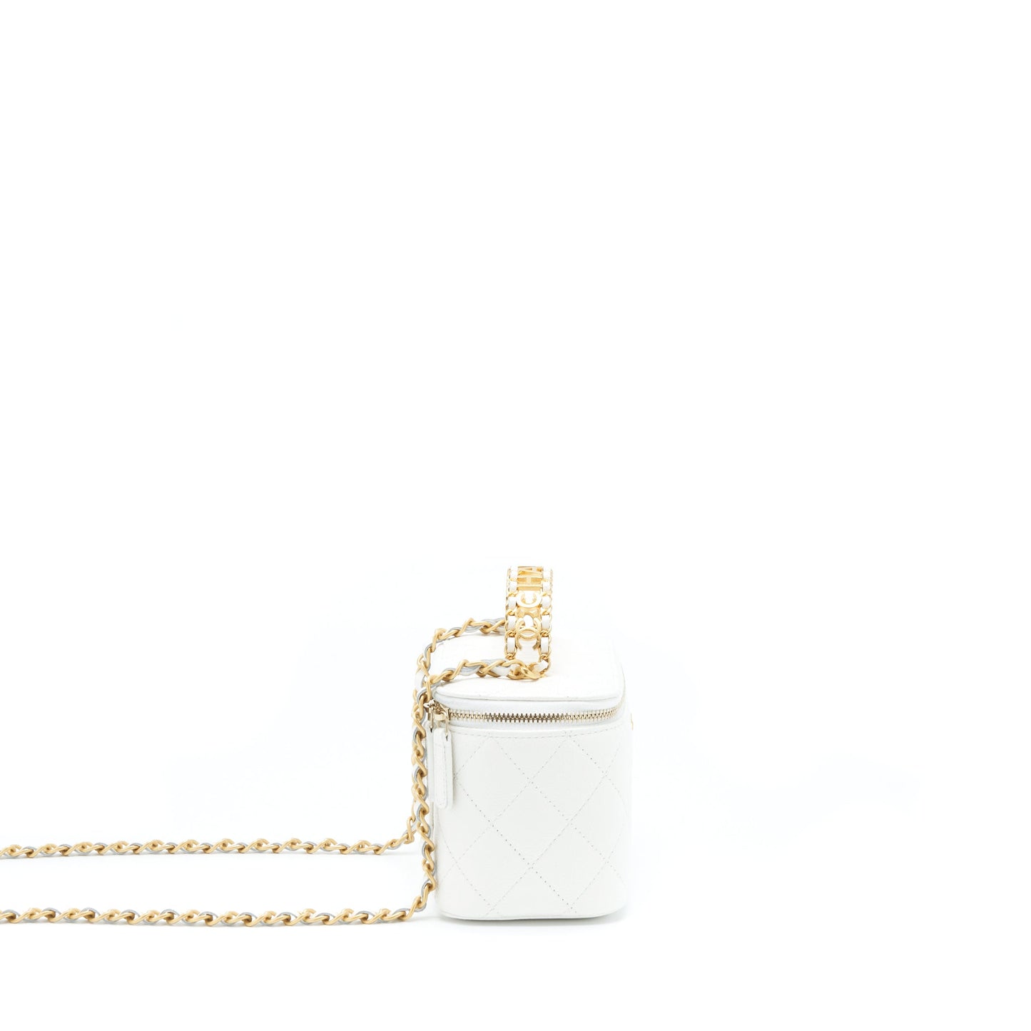 Chanel 22S Logo Top Handle Long Vanity With Chain Caviar White