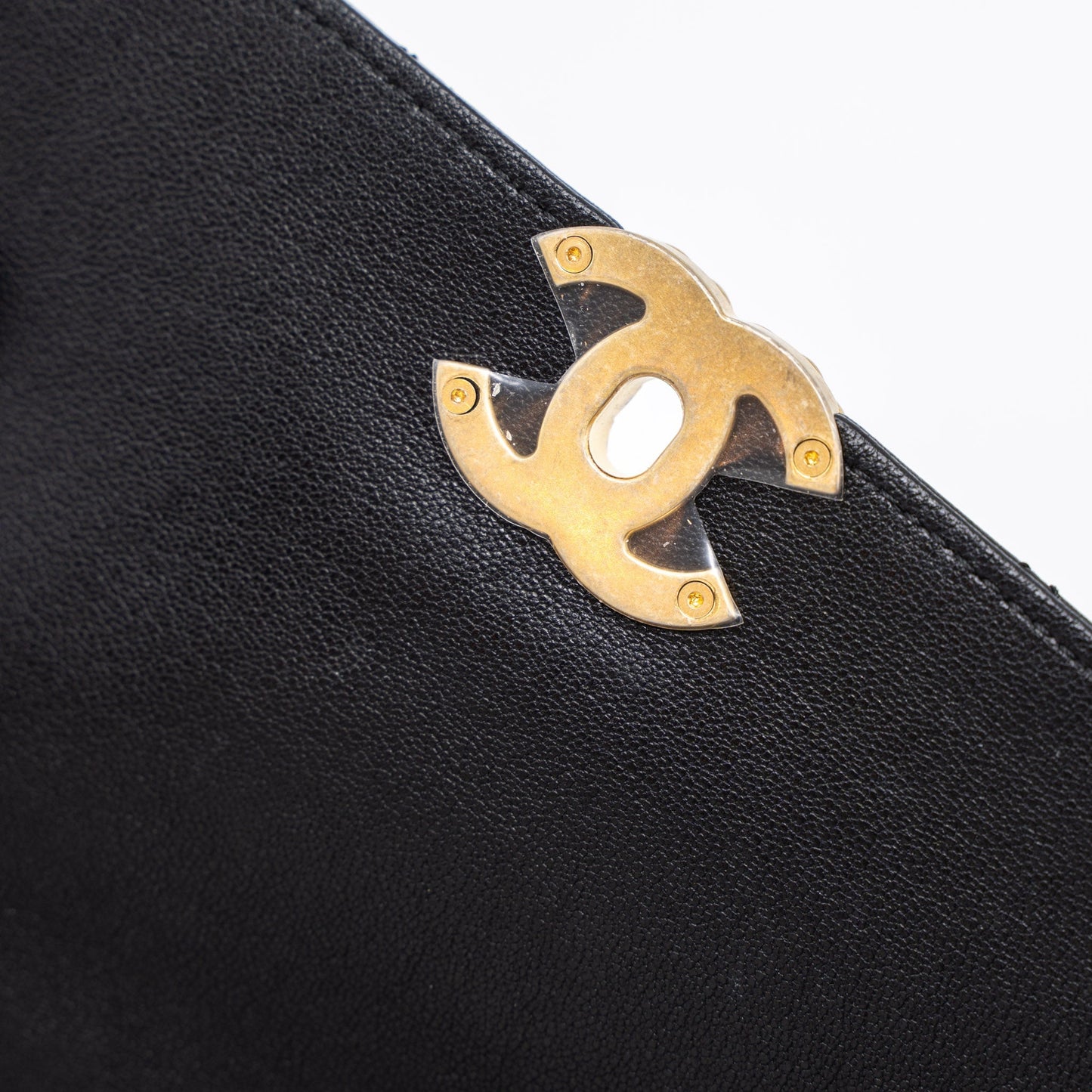 Chanel Top Handle Flap Bag Detailed Logo Goatskin Black