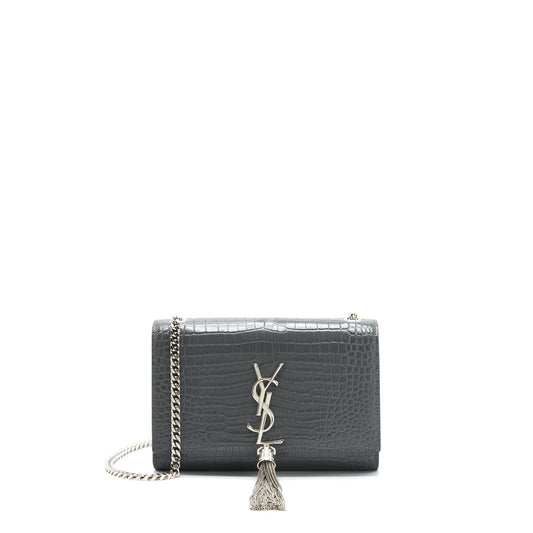 Saint Laurent Kate Tassel Crocodile-Embossed Calfskin Grey