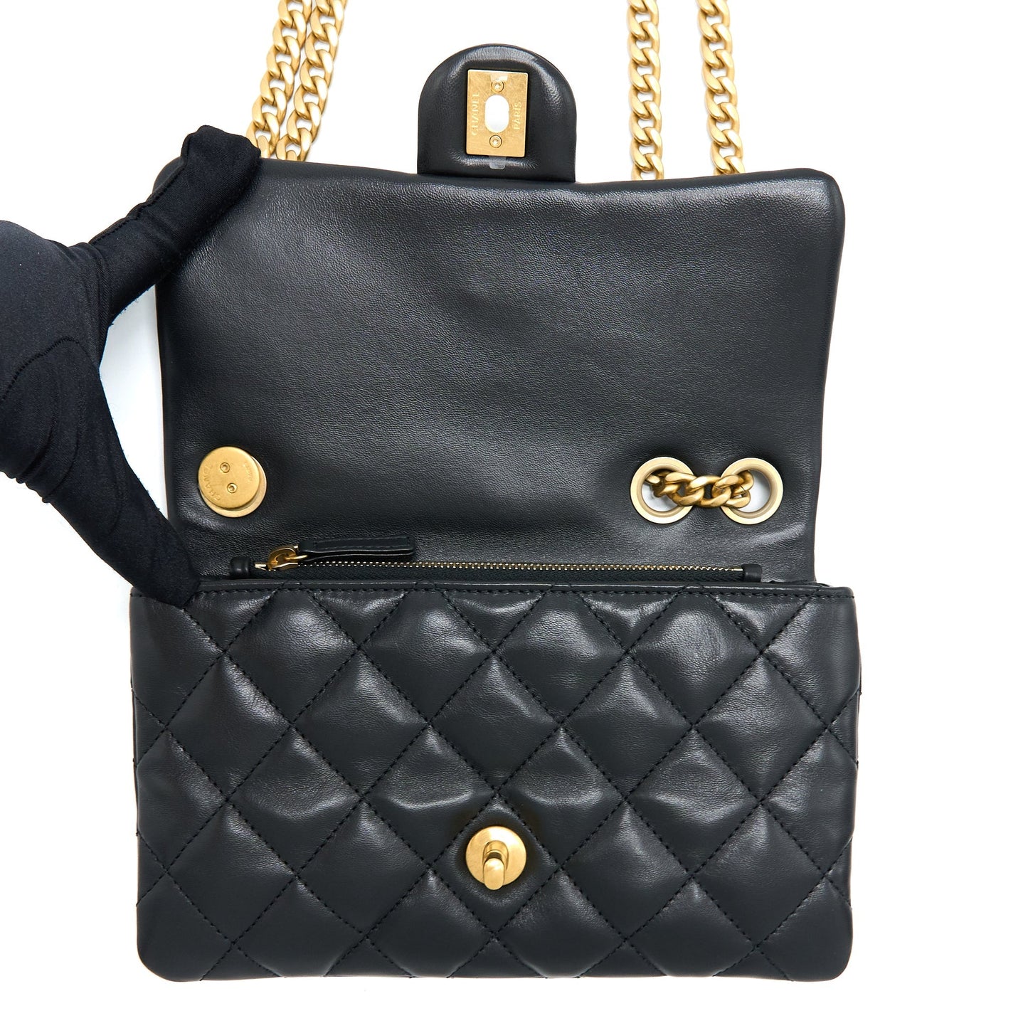 Chanel 22K Gold Pillar Adjustment Chain Flap Bag Lambskin Black  (Microchip)
