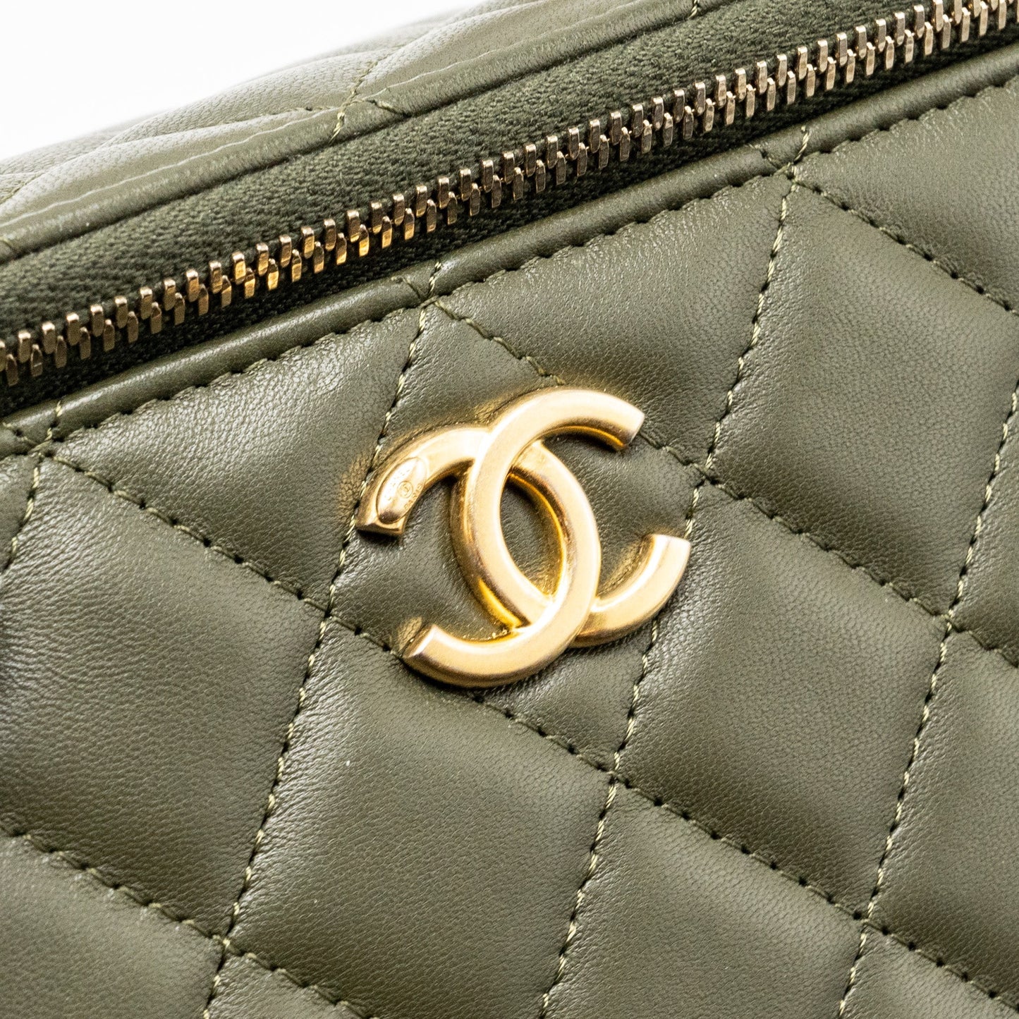 Chanel Detail Top Handle Long Vanity With Chain Lambskin Dark Green  (Microchip)