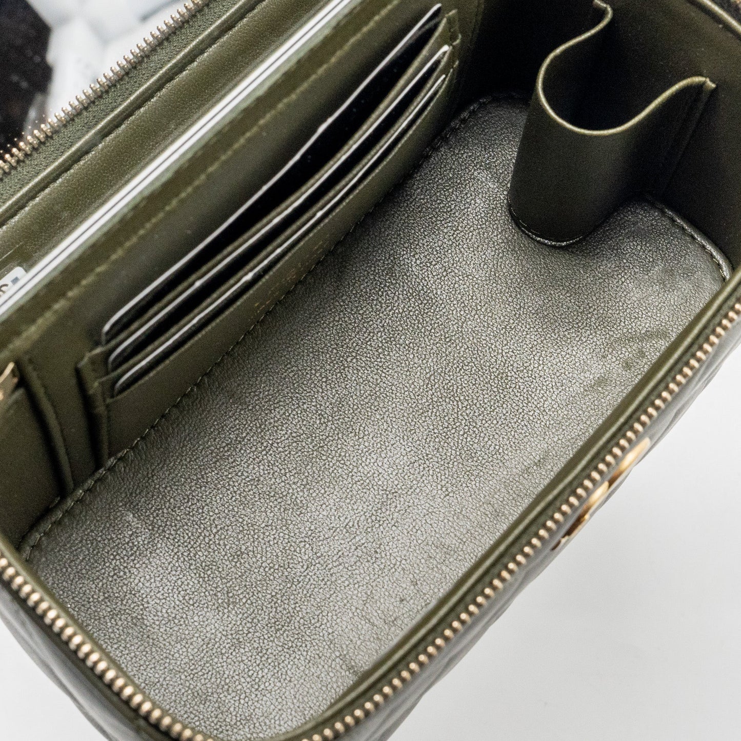 Chanel Detail Top Handle Long Vanity With Chain Lambskin Dark Green  (Microchip)