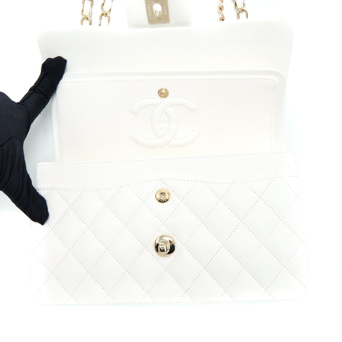 Chanel Small Classic Flap Bag Caviar White L (Microchip)