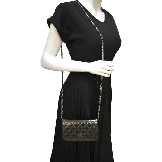 CHANEL Wallet on Chain Patent Leather Shoulder Bag Olive Green