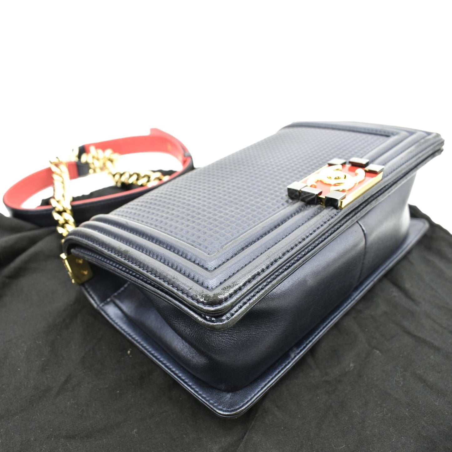 CHANEL Medium Boy Flap Cube Embossed Leather Shoulder Bag Navy Blue