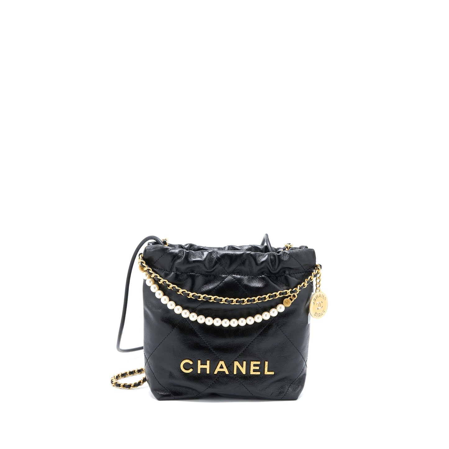 Chanel 23S Mini 22 Bag with Pearl Shiny Calfskin Black  (Microchip)