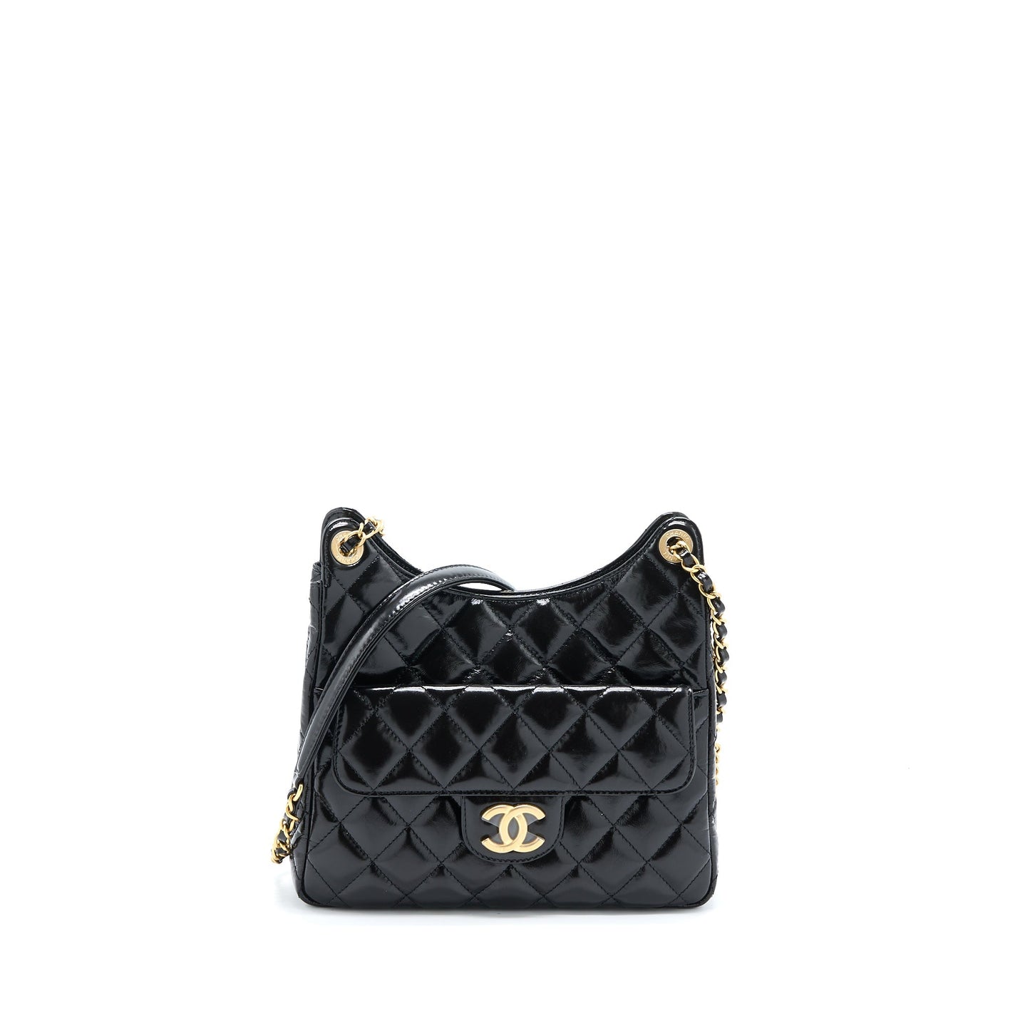 Chanel 23C Hobo Bag Shiny Calfskin Black Brushed  (Microchip)