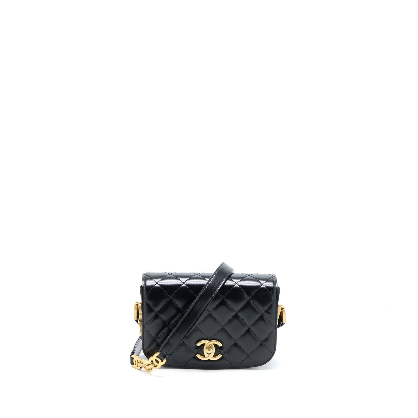 Chanel Crossbody Mini Flap Bag CC Logo Strap Calfskin Black Brushed  (Microchip)