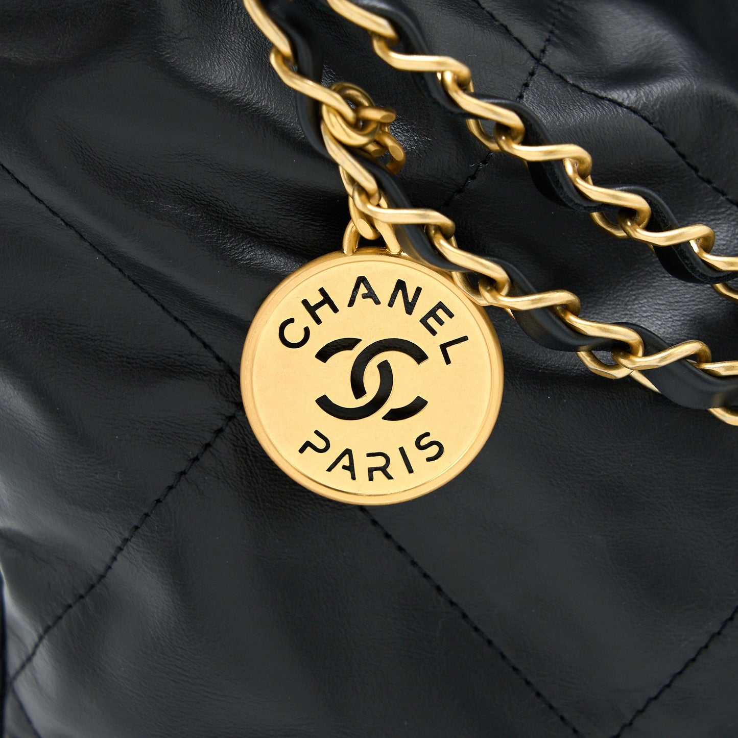Chanel Medium 22 Bag White Letter Shiny Calfskin Black  (Microchip)