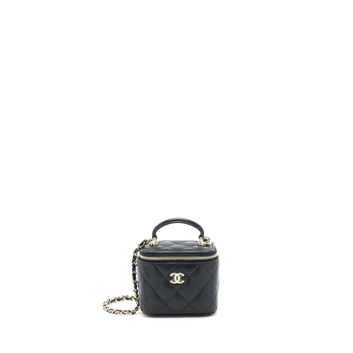 Chanel 22P Top Handle Mini Vanity With Chain And Mirror Lambskin Black L