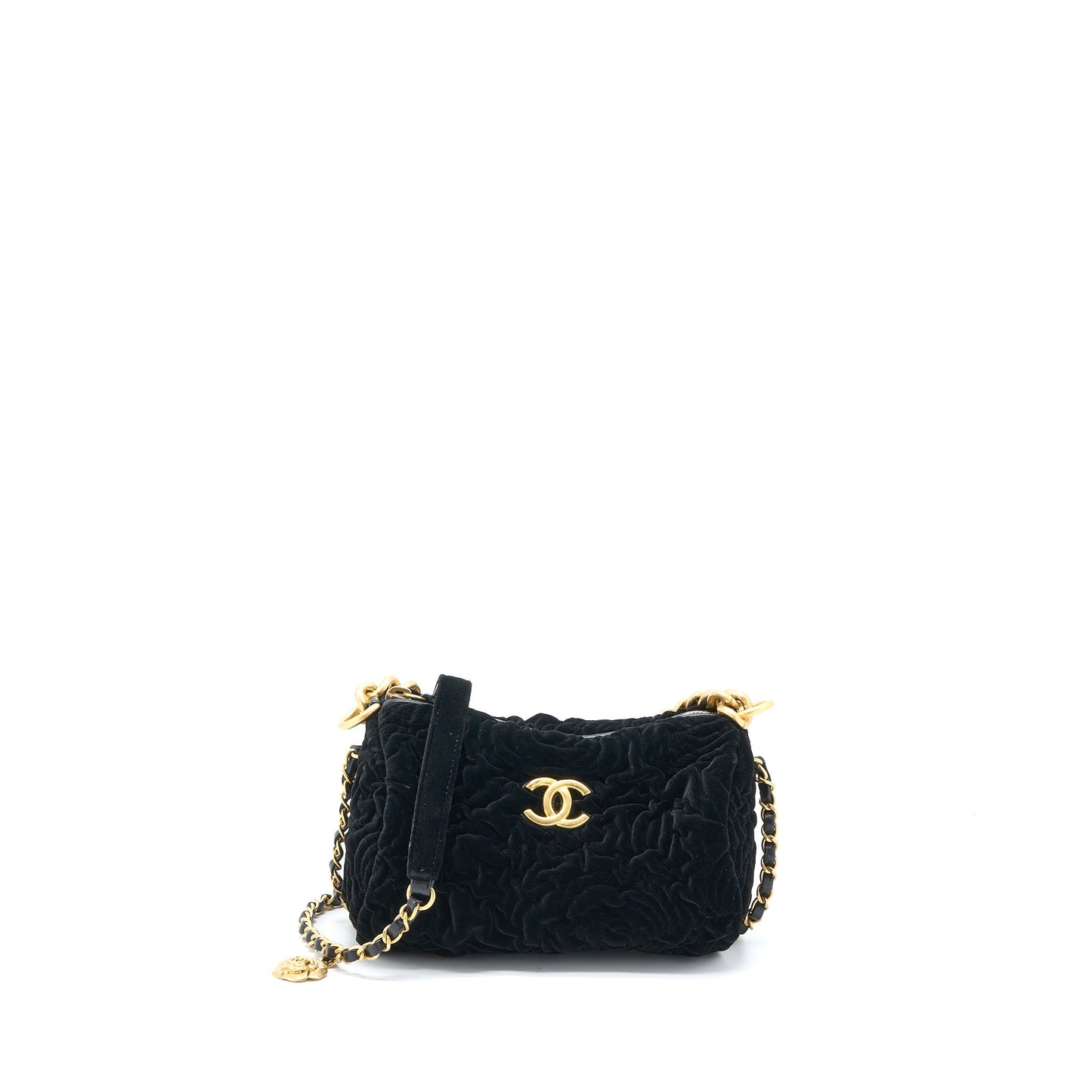 Chanel Mini Boston Bag with Chain Camellia Velvet Black  (Microchip)