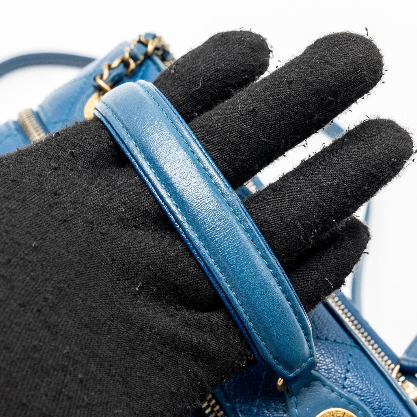 Chanel top handle zip vanity bag leather blue
