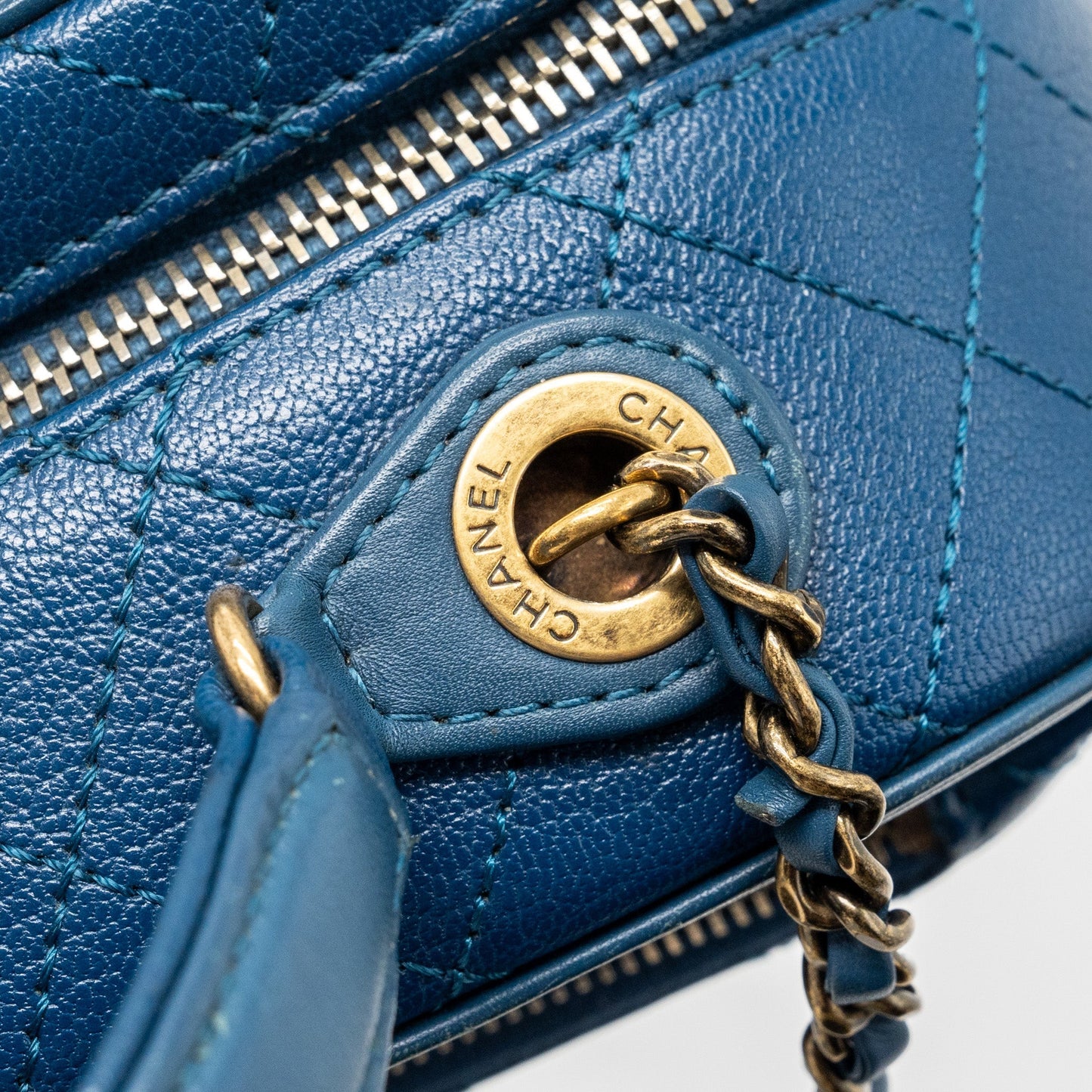 Chanel top handle zip vanity bag leather blue