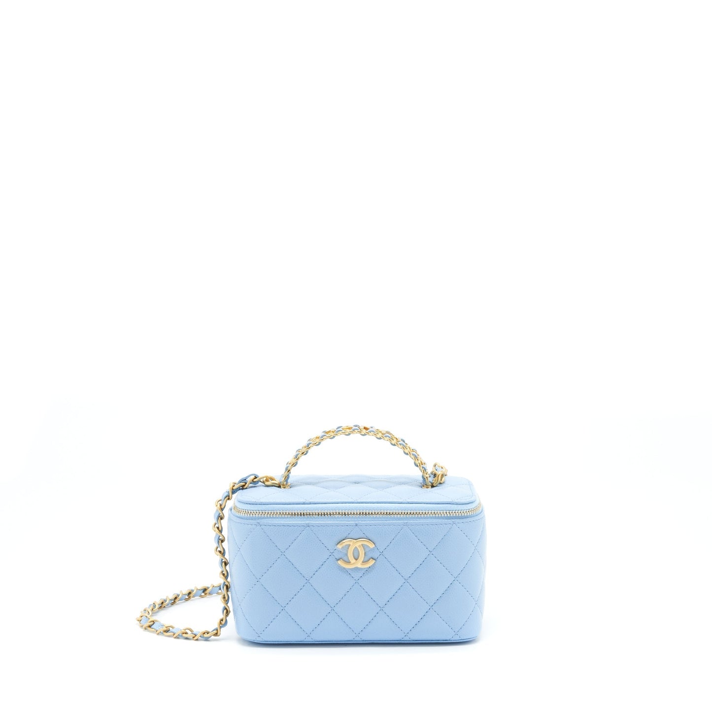 Chanel 22S Letter Handle Long Vanity With Chain Caviar Blue