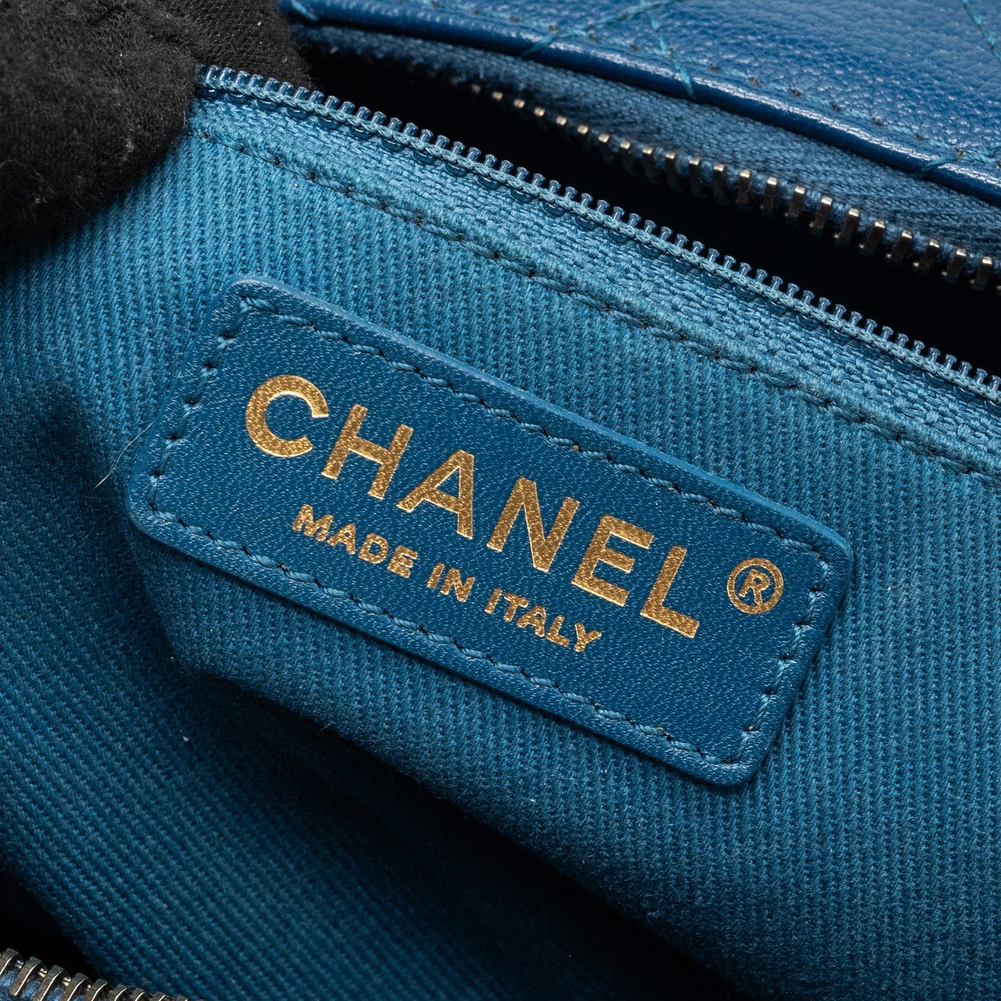 Chanel top handle zip vanity bag leather blue