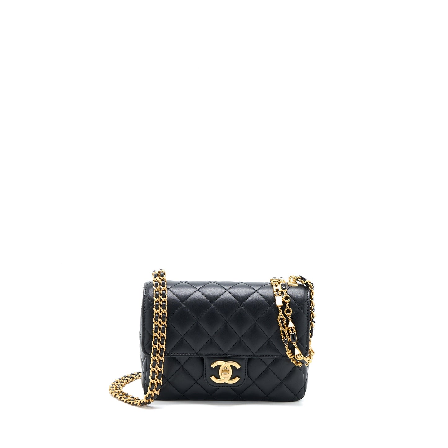 Chanel Seasonal Flap Bag with Detail Chain Lambskin Black Brushed  (Microchip)