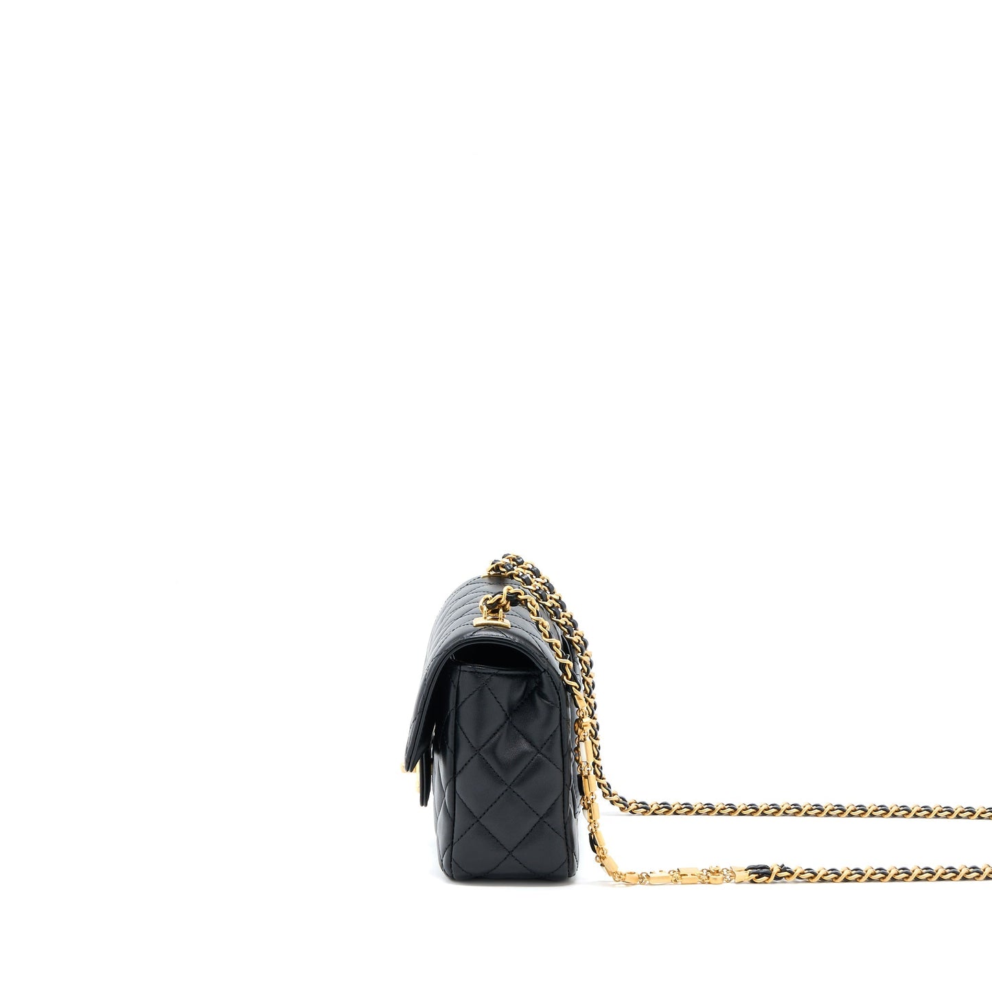 Chanel Seasonal Flap Bag with Detail Chain Lambskin Black Brushed  (Microchip)